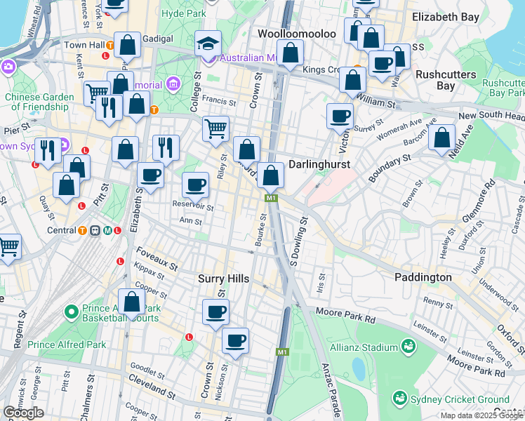 map of restaurants, bars, coffee shops, grocery stores, and more near 405 Bourke Street in Surry Hills