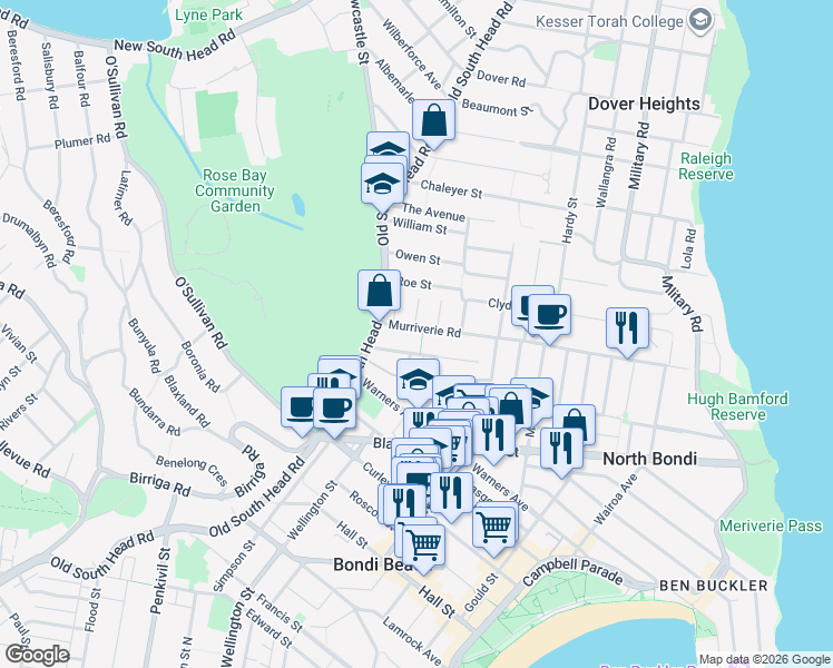 map of restaurants, bars, coffee shops, grocery stores, and more near 17 Murriverie Road in North Bondi