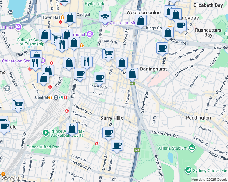map of restaurants, bars, coffee shops, grocery stores, and more near 287-289 Crown Street in Surry Hills