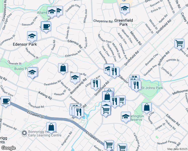 map of restaurants, bars, coffee shops, grocery stores, and more near 72 Boomerang Road in Edensor Park