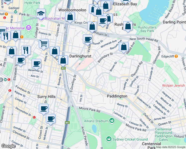 map of restaurants, bars, coffee shops, grocery stores, and more near 52 Hopewell Street in Paddington