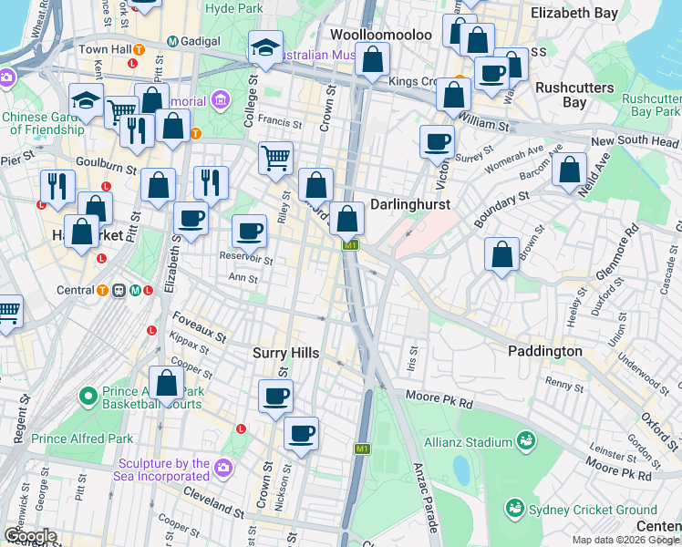 map of restaurants, bars, coffee shops, grocery stores, and more near 322 Bourke Street in Surry Hills