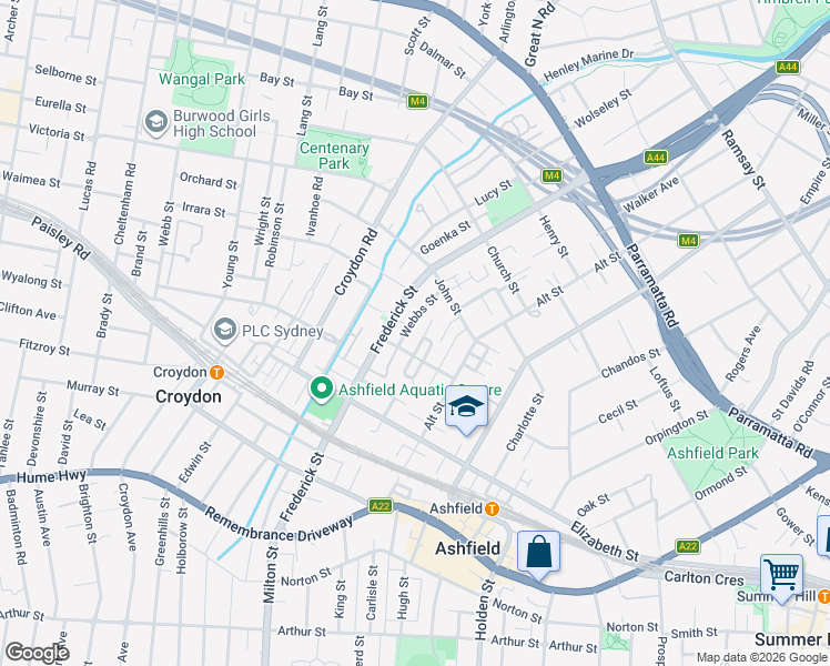 map of restaurants, bars, coffee shops, grocery stores, and more near 39 Albert Parade in Ashfield