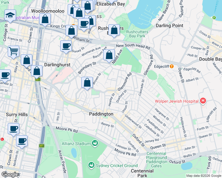map of restaurants, bars, coffee shops, grocery stores, and more near 218 Glenmore Road in Paddington