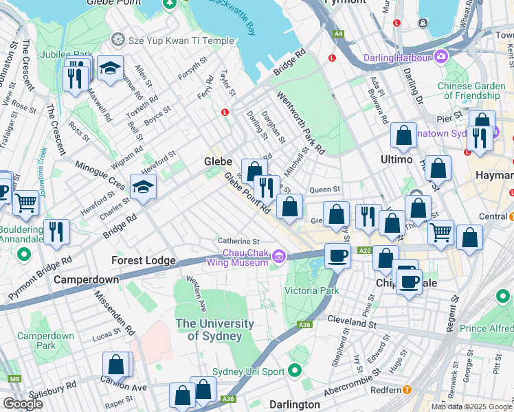 map of restaurants, bars, coffee shops, grocery stores, and more near 96 Glebe Point Road in Glebe