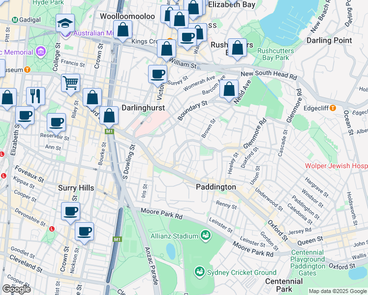 map of restaurants, bars, coffee shops, grocery stores, and more near 77 Glenmore Road in Paddington