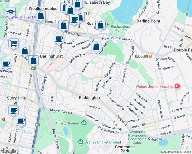 map of restaurants, bars, coffee shops, grocery stores, and more near Glenmore Road in Paddington