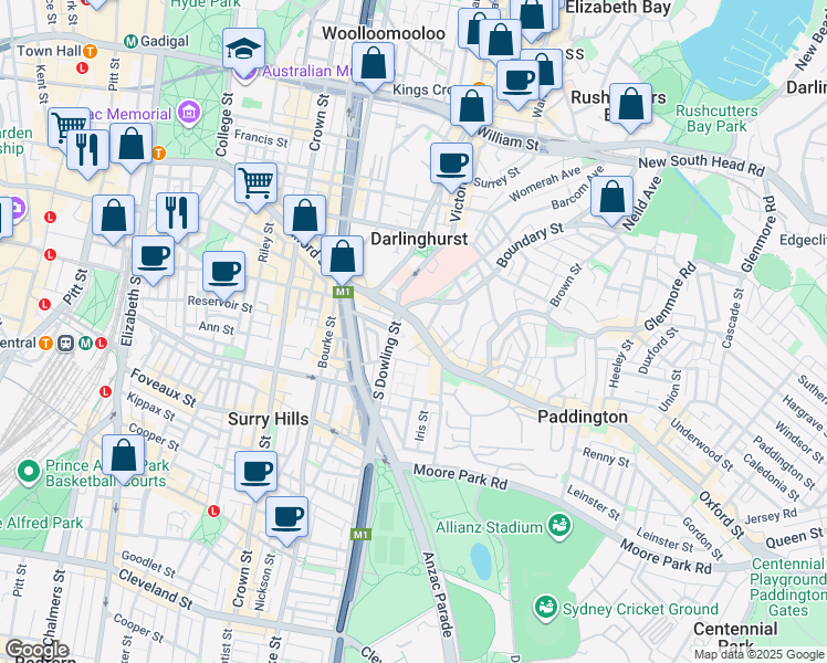 map of restaurants, bars, coffee shops, grocery stores, and more near 13-15 Oxford Street in Paddington