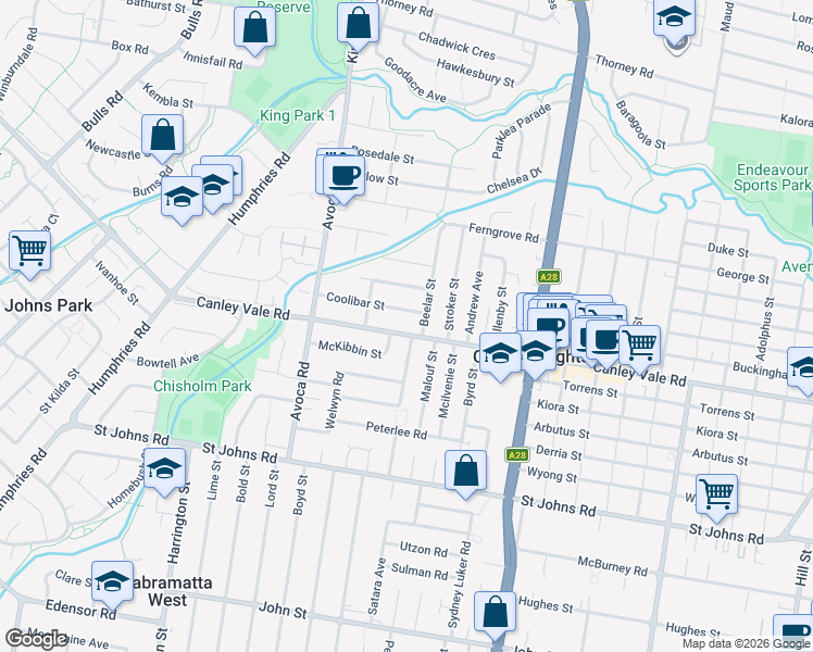 map of restaurants, bars, coffee shops, grocery stores, and more near 297 Canley Vale Road in Canley Heights