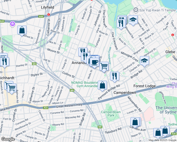map of restaurants, bars, coffee shops, grocery stores, and more near 107 Trafalgar Street in Annandale