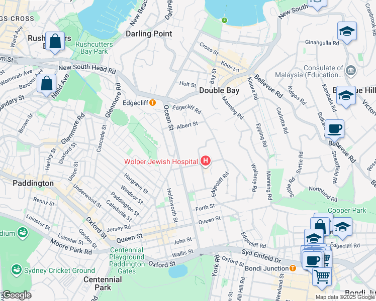 map of restaurants, bars, coffee shops, grocery stores, and more near 85B Ocean Street in Woollahra