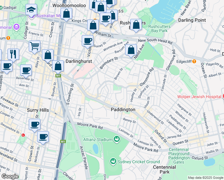 map of restaurants, bars, coffee shops, grocery stores, and more near 23 Brown Street in Paddington