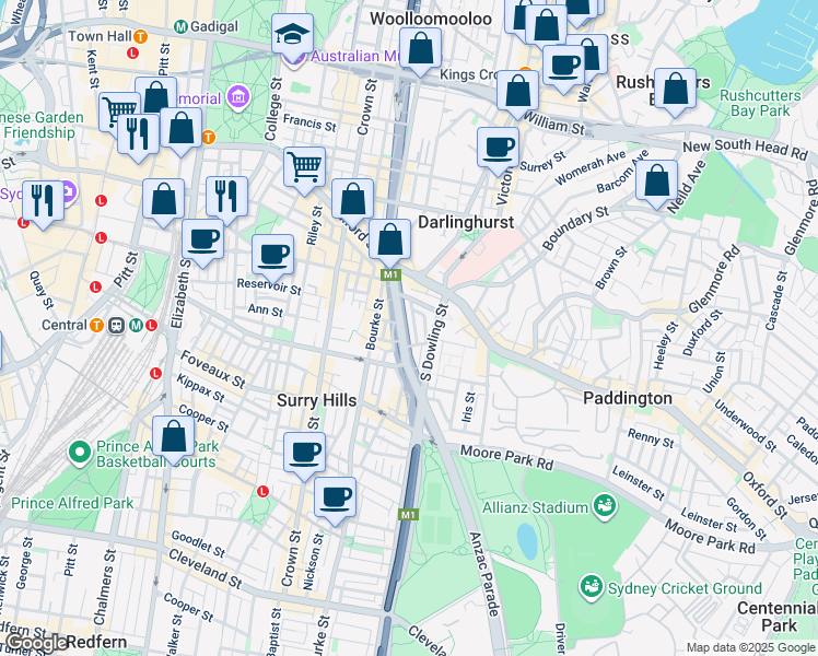 map of restaurants, bars, coffee shops, grocery stores, and more near 60 Flinders Street in Darlinghurst