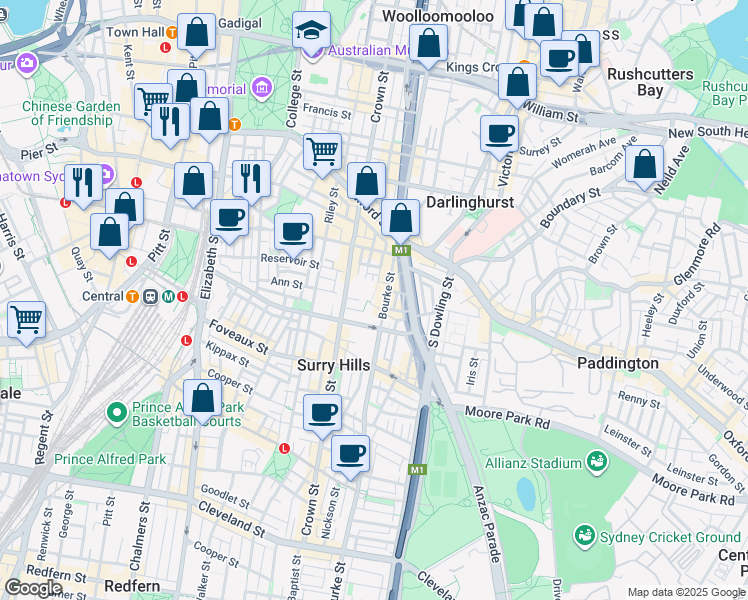 map of restaurants, bars, coffee shops, grocery stores, and more near 431 Bourke Street in Surry Hills