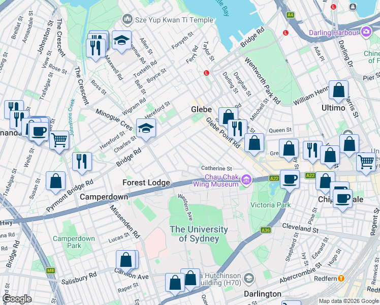 map of restaurants, bars, coffee shops, grocery stores, and more near 55 Mount Vernon Street in Glebe