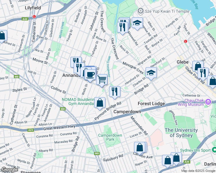map of restaurants, bars, coffee shops, grocery stores, and more near 215 Wigram Road in Annandale