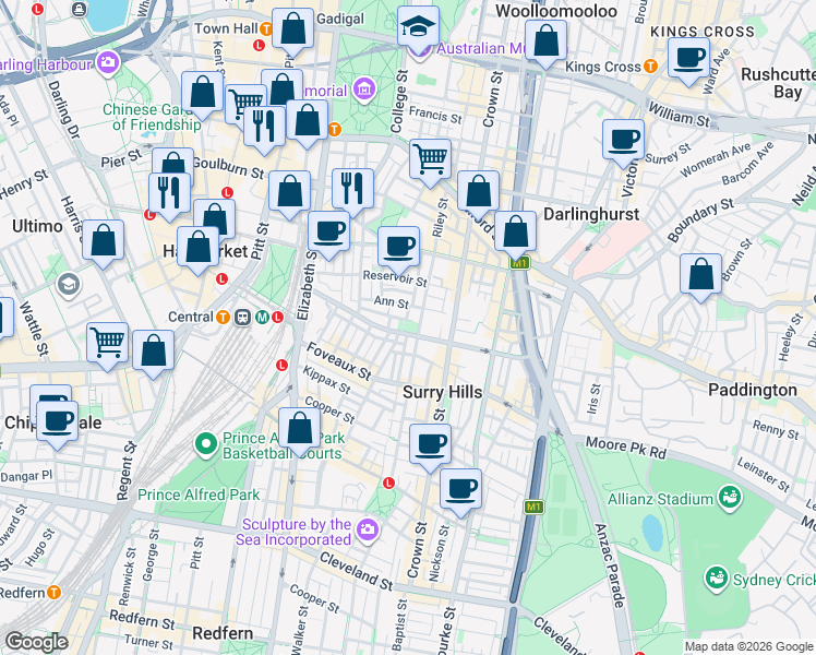 map of restaurants, bars, coffee shops, grocery stores, and more near 303-307 Riley Street in Surry Hills