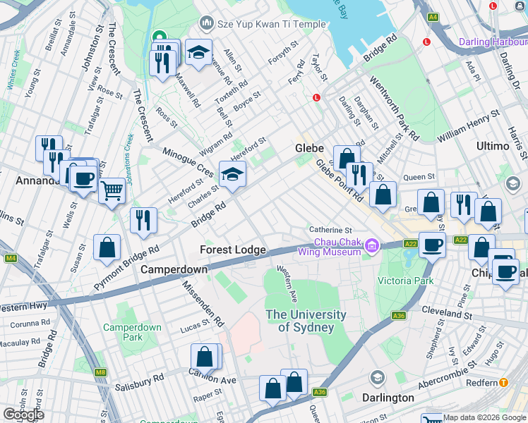 map of restaurants, bars, coffee shops, grocery stores, and more near 182 Saint Johns Road in Glebe