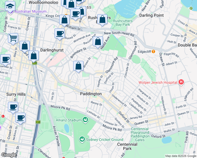 map of restaurants, bars, coffee shops, grocery stores, and more near 15 Olive Street in Paddington