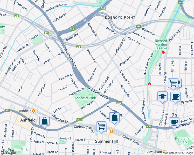 map of restaurants, bars, coffee shops, grocery stores, and more near 34 Dalhousie Street in Haberfield
