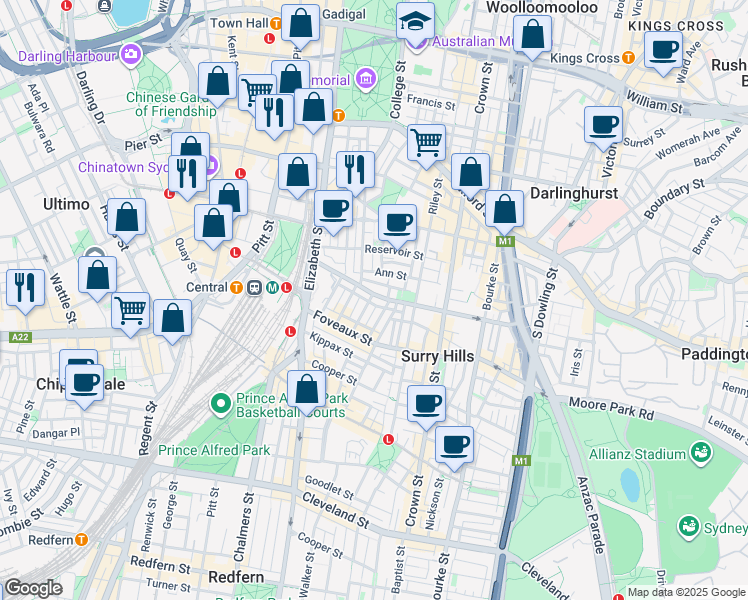map of restaurants, bars, coffee shops, grocery stores, and more near 71 Albion Street in Surry Hills