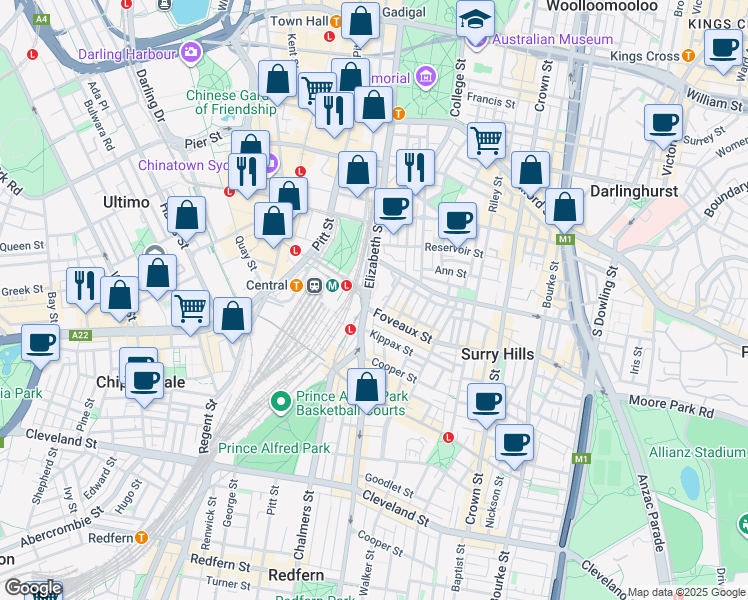 map of restaurants, bars, coffee shops, grocery stores, and more near 300 Elizabeth Street in Surry Hills