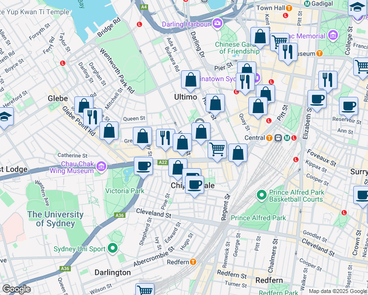 map of restaurants, bars, coffee shops, grocery stores, and more near 507 Wattle Street in Ultimo