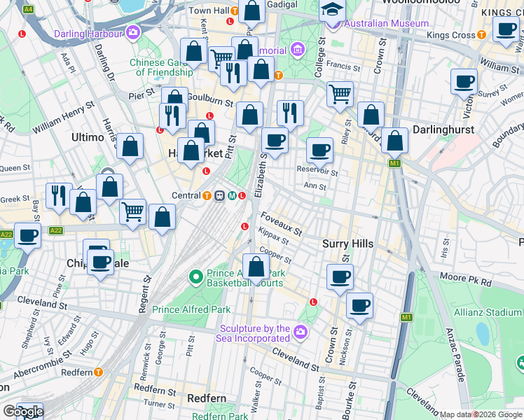 map of restaurants, bars, coffee shops, grocery stores, and more near 300 Elizabeth Street in Surry Hills