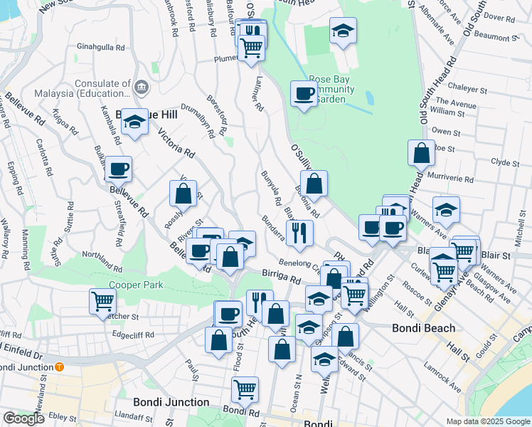 map of restaurants, bars, coffee shops, grocery stores, and more near 33 Bundarra Road in Bellevue Hill