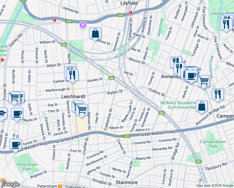 map of restaurants, bars, coffee shops, grocery stores, and more near 62 Booth Street in Annandale