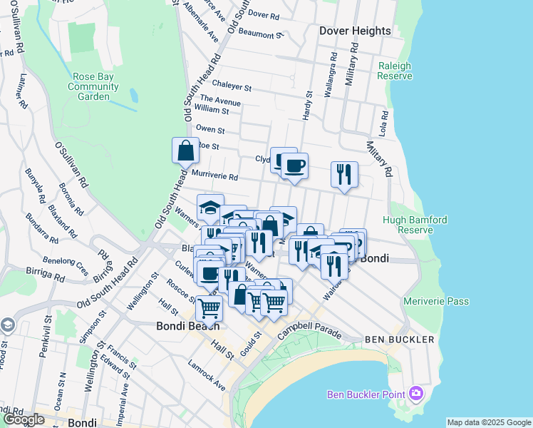 map of restaurants, bars, coffee shops, grocery stores, and more near 43 Glenayr Avenue in North Bondi