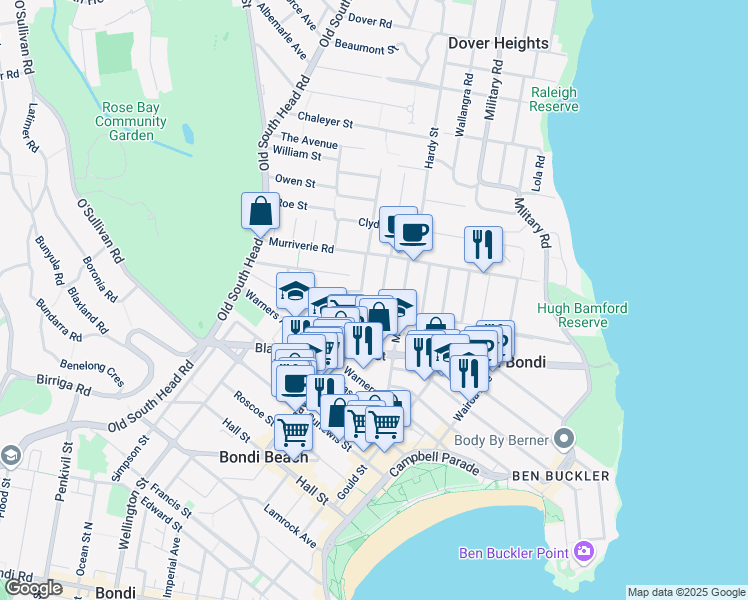 map of restaurants, bars, coffee shops, grocery stores, and more near 43 Glenayr Avenue in North Bondi