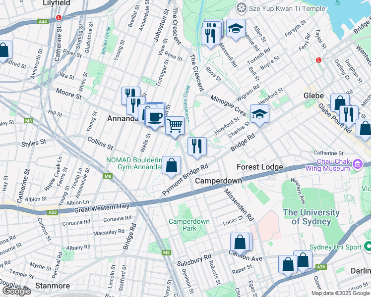 map of restaurants, bars, coffee shops, grocery stores, and more near 7 Sterling Circuit in Camperdown