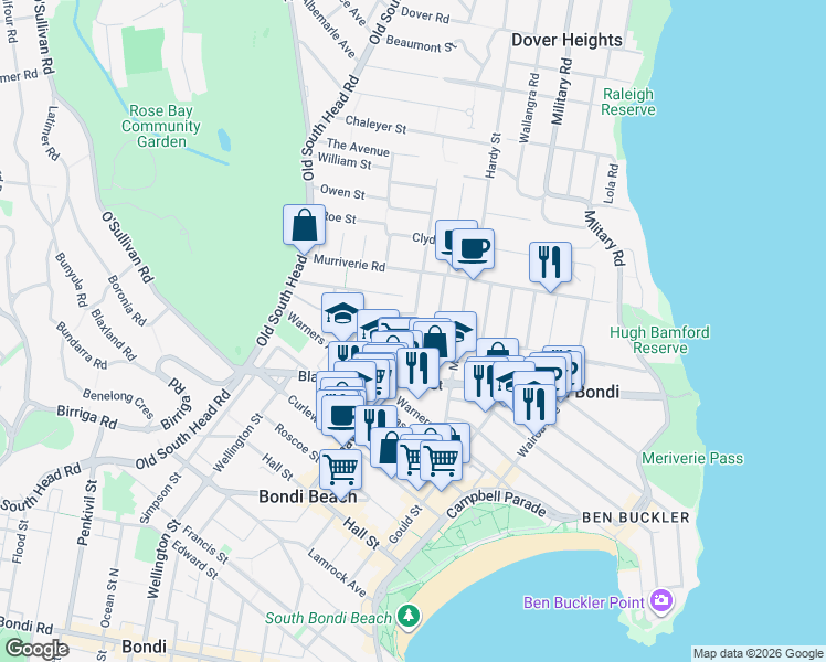 map of restaurants, bars, coffee shops, grocery stores, and more near 53 Glenayr Avenue in North Bondi