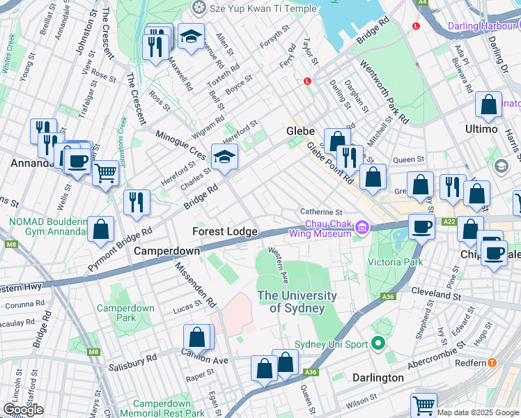 map of restaurants, bars, coffee shops, grocery stores, and more near 4 Forest Street in Forest Lodge
