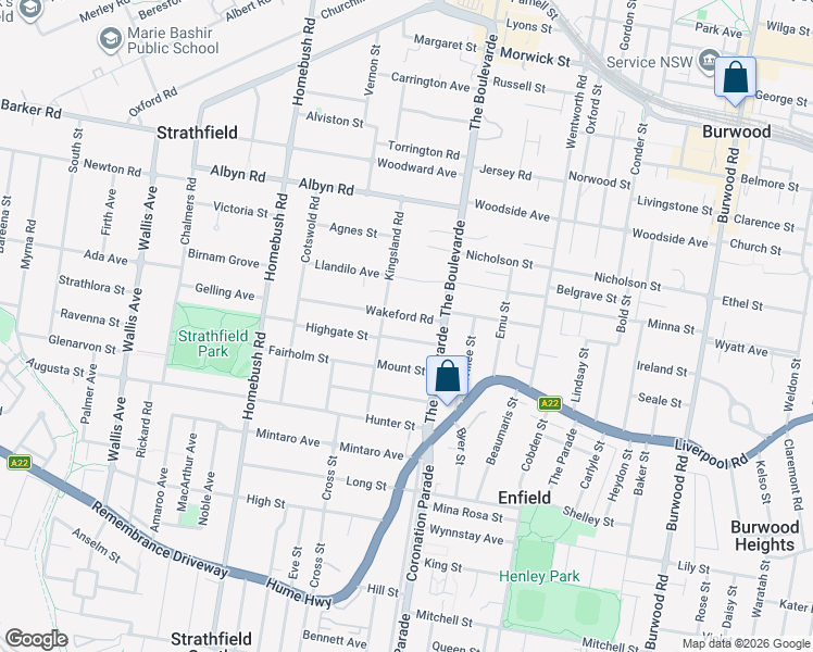 map of restaurants, bars, coffee shops, grocery stores, and more near 10 Wakeford Road in Strathfield