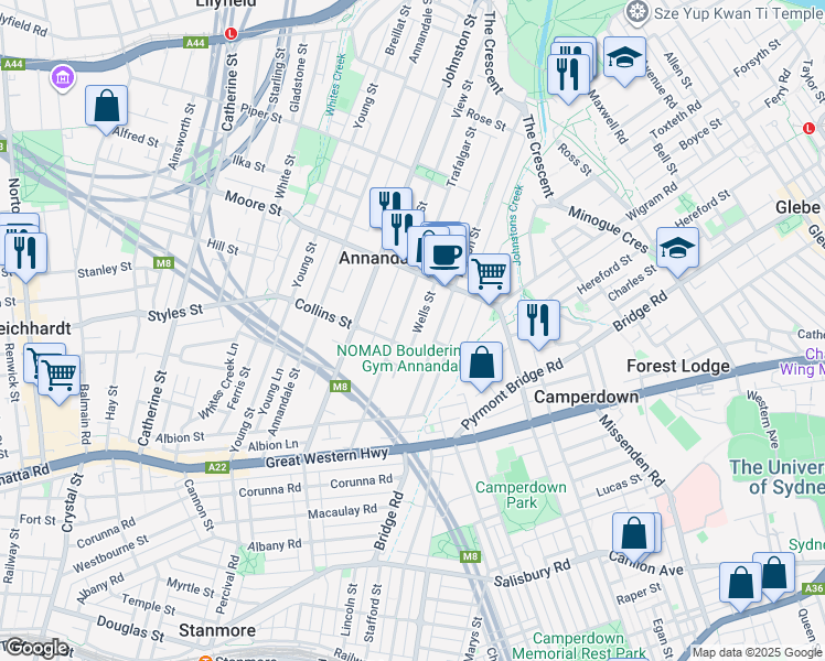 map of restaurants, bars, coffee shops, grocery stores, and more near 22 Wells Street in Annandale