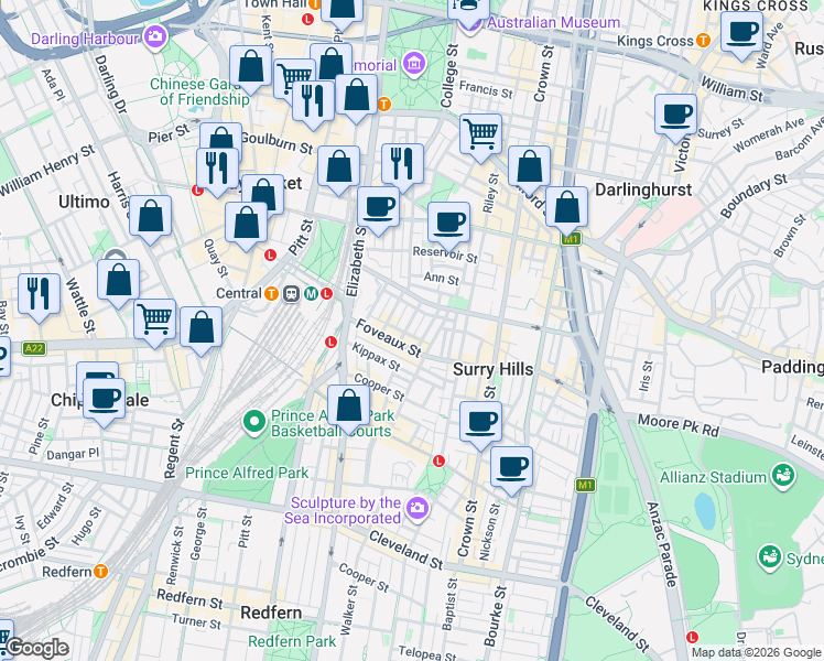 map of restaurants, bars, coffee shops, grocery stores, and more near 38 Belmore Street in Surry Hills