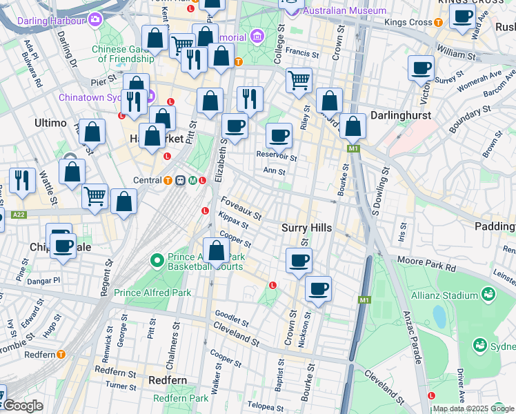 map of restaurants, bars, coffee shops, grocery stores, and more near 8 Belmore Lane in Surry Hills