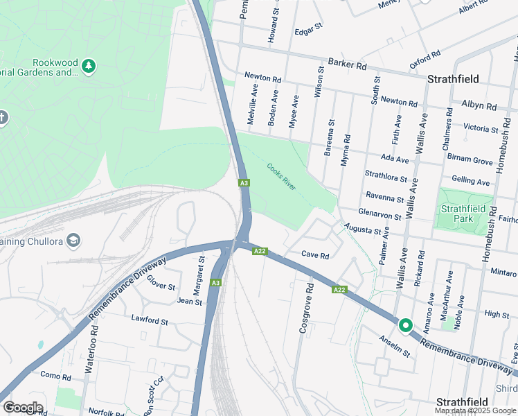 map of restaurants, bars, coffee shops, grocery stores, and more near 86 Centenary Drive in Strathfield