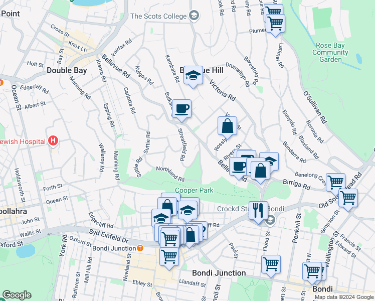 map of restaurants, bars, coffee shops, grocery stores, and more near 26 Streatfield Road in Bellevue Hill