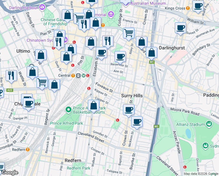map of restaurants, bars, coffee shops, grocery stores, and more near 46-48 Foveaux Street in Surry Hills