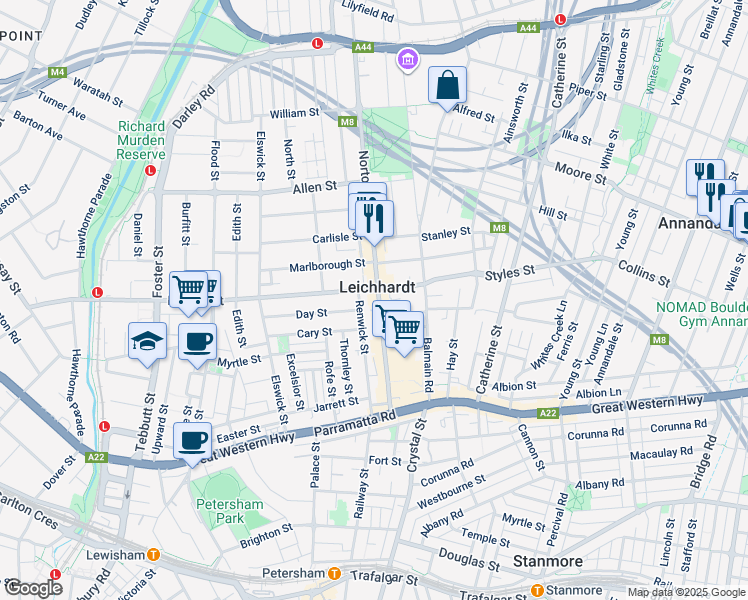 map of restaurants, bars, coffee shops, grocery stores, and more near 114 Norton Street in Leichhardt