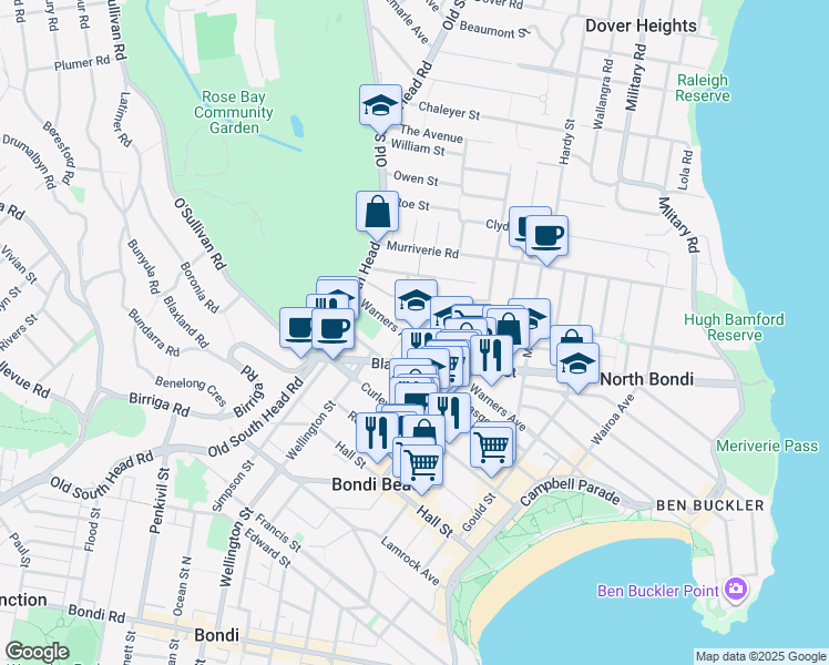 map of restaurants, bars, coffee shops, grocery stores, and more near 38 Warners Avenue in Bondi Beach