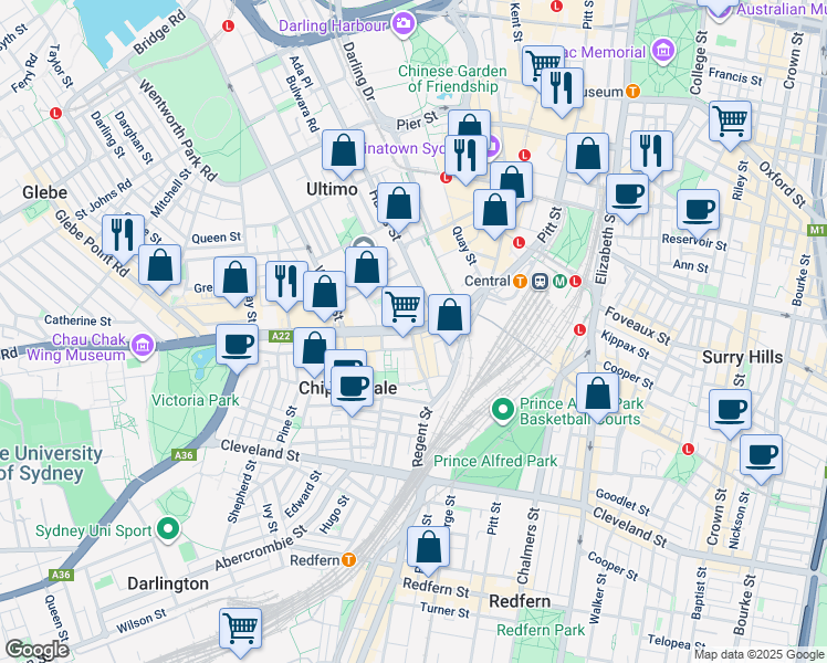 map of restaurants, bars, coffee shops, grocery stores, and more near 28 Broadway in Ultimo