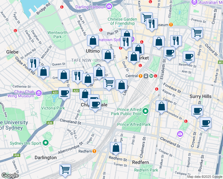 map of restaurants, bars, coffee shops, grocery stores, and more near 28 Broadway in Ultimo