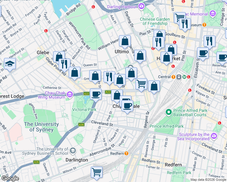 map of restaurants, bars, coffee shops, grocery stores, and more near Broadway in Sydney