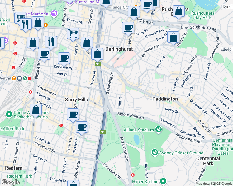 map of restaurants, bars, coffee shops, grocery stores, and more near 24 Albion Avenue in Paddington