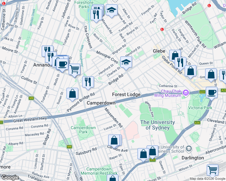 map of restaurants, bars, coffee shops, grocery stores, and more near 1-3 Larkin Street in Camperdown