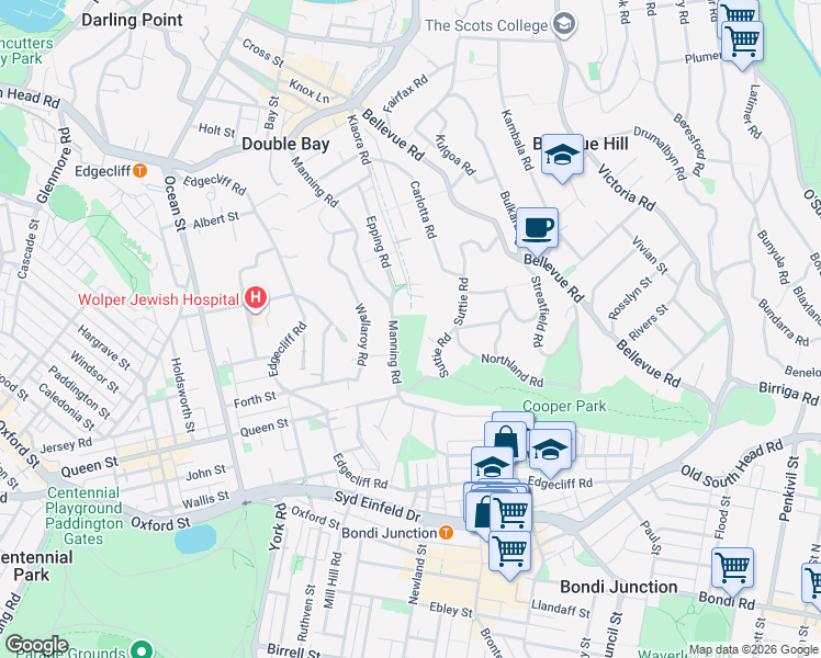 map of restaurants, bars, coffee shops, grocery stores, and more near 104 Manning Road in Double Bay